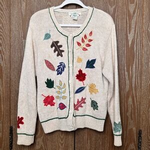 VTG Orvis Women's M Beige Knit Cardigan Autumn Leaf Applique Button Down Sweater